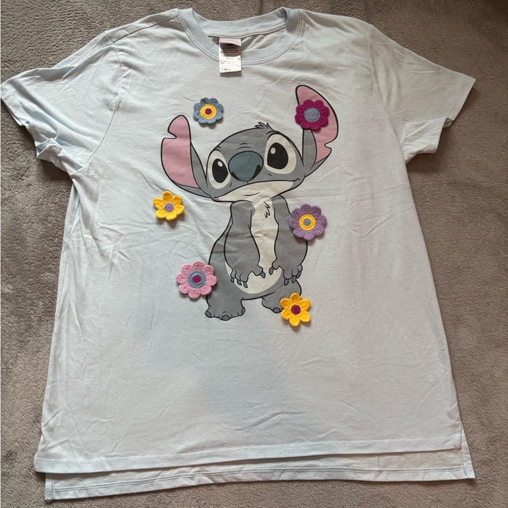 Disney Top Women Large Blue Lili & Stitch Crochet Flowers Hi Low Crewneck Shirt